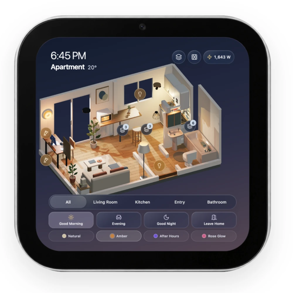 Apartment HomeView: 3D apartment, room selection, lighting scenes and comfort controls